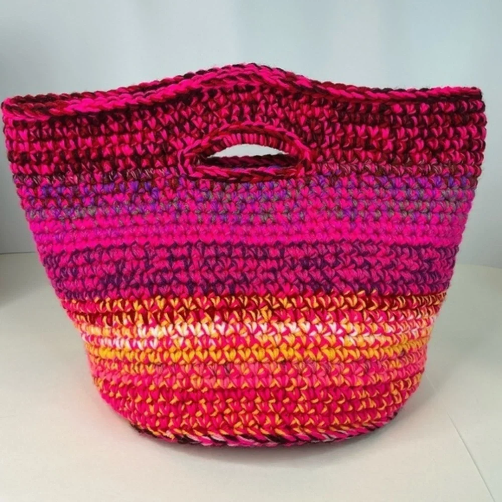 Handcrafted Multicolor Crochet Scrap Woven Tote Bag Basket Storage Handmade Knit